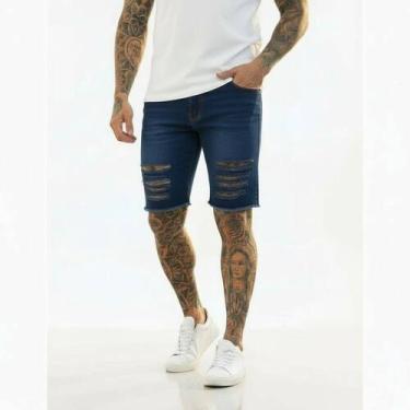 Imagem de Bermuda Rasgada Masculina Sarja Slim Curta - Volgue, Jeans escuro, 36