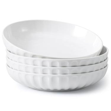 Imagem de DOWAN Tigelas de massa, tigelas grandes de 25,4 cm para servir salada de 1,5 m, tigelas de sopa de cerâmica branca, conjunto de 4 tigelas largas e rasas, prato de servir para sopa, macarrão, macarrão