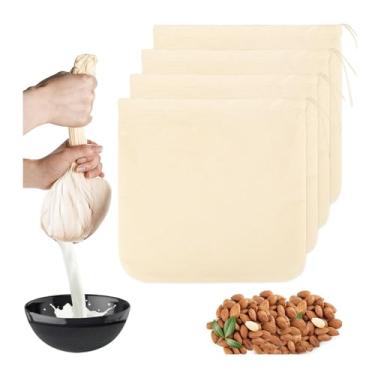 Imagem de Pacote com 4 sacos de leite de nozes, 30 x 30 cm, coador de malha de gaze de amêndoa, filtro de leite de amêndoa, saco de pano de algodão reutilizável com cordão para fazer suco de iogurte, queijo