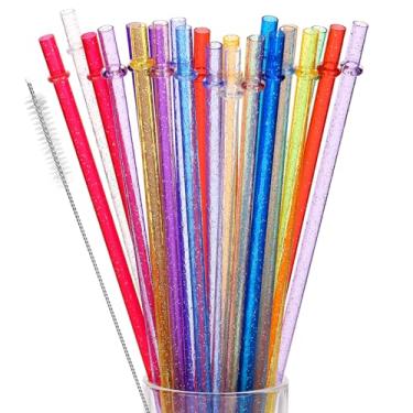 Imagem de 24 canudos de plástico reutilizáveis, cores misturadas, copo duro de 28 cm de comprimento com escova de limpeza - 12 cores