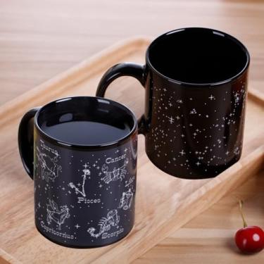 Imagem de Caneca mágica Constellation - Copo de cerâmica sensível ao calor com design de estrela e zodíaco, preto para mudar de cor, 400 ml