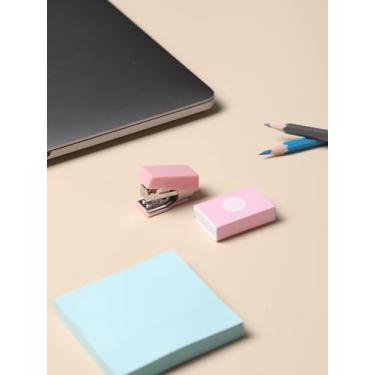 Imagem de Grampeador compacto e fofo com grampos, design ergonômico para escritório, casa, escola, operação com uma mão, essencial para economia de espaço, rosa