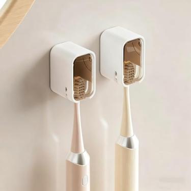 Imagem de Pacote com 2 porta-escovas de dentes, suporte de escova de dentes elétrico montado na parede com capa, design inovador de slot único, para família de chuveiro e viagens (marrom)