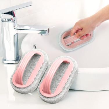 Imagem de 2 peças de esponja de limpeza mágica, escova de limpeza de chuveiro, escova de esponja de limpeza portátil multifuncional, para cozinha e banheiro, ideal para paredes de vidro e cerâmica, rosa