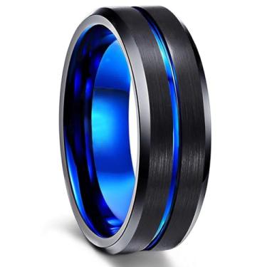 Imagem de Aliança de casamento de tungstênio escovado para homens e mulheres - Anel sulco azul fino, ajuste confortável, 13, Tungstênio, Sem pedra preciosa