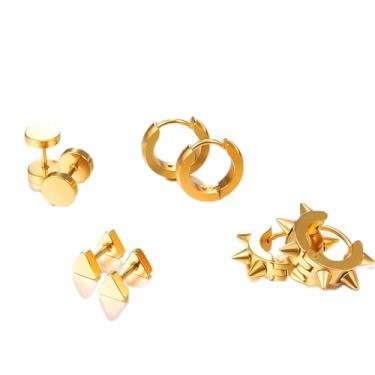 Imagem de 4 brincos de argola masculinos/1 par de brincos de orelha hipoalergênicos pequenos brincos góticos legais, One Size, Aço inoxidável, Sem pedra preciosa