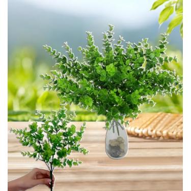 Imagem de 2 peças simulação de plantas artificiais verdes decoração de paisagismo de parede interior folha vaso flor casa quarto decoração varanda (folhas de eucalipto, 33 cm)