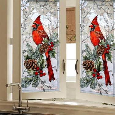 Imagem de HOMETITUTE Película decorativa para janela de Natal Cardinal estilo vitral pássaro vermelho com pinhas azevinho folhas perenes férias adesivo de vidro de privacidade 17,7 x 39,3 polegadas