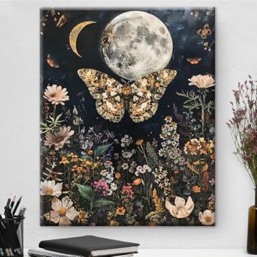 Imagem de Arte de parede em tela de flores de borboleta gótica lua escura gótica imagem de pintura estética para casa quarto sala de estar decoração de parede 20 x 25 cm