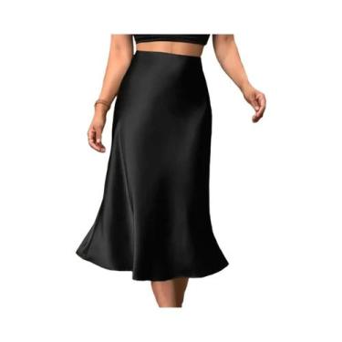 Imagem de Saia Elegante Em Cetim Estilo A-Line Comprimento Médio Poliéster Estil