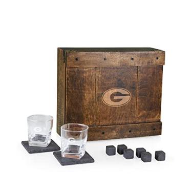 Imagem de PICNIC TIME Conjunto de presente NCAA Georgia Bulldogs Whiskey Box para uísque, conjunto de 2 copos de uísque, conjunto de presente com pedras de uísque, madeira de carvalho)