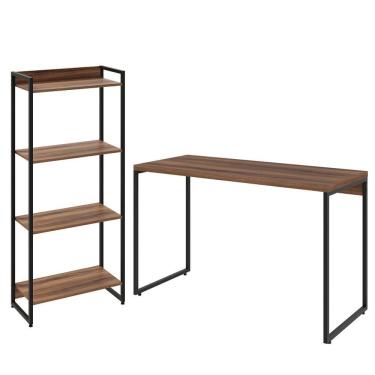 Imagem de Kit Escritório Estante 4 Prateleiras Com Mesa 120Cm Nogal