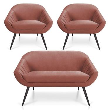 Imagem de Kit 01 Namoradeira 02 Lugares E 02 Poltronas Giovana Veludo Pés Palito De Ferro Rose