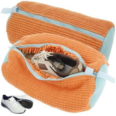 Imagem de 2 peças saco de lavanderia reutilizável de malha saco de lavanderia para máquina de lavar roupa bolsa portátil de lavagem de sapatos com zíper e gancho para tênis de corrida 39 x 19 cm (laranja)
