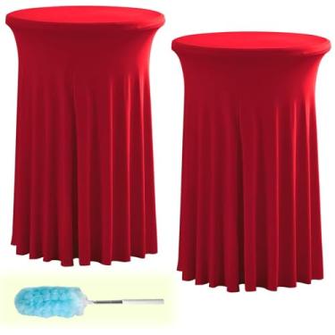 Imagem de Conjunto de 2 peças de toalha de mesa redonda de elastano de 109 x 81 cm, com capa elástica estilo saia ondulada natural, adequada para bar, casamento e festa (vermelha)