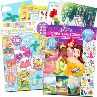 Imagem de Livros de atividades de adesivos Create a Scene para meninas - Pacote com 2 blocos de adesivos com mais de 400 adesivos com Princesas Disney e Hello Kitty Plus páginas de colorir bônus, mais | Livros