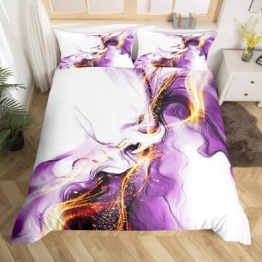 Imagem de Feelyou Capa de edredom abstrata moderna, tamanho Queen, roxo, dourado, preto, conjunto de cama para meninos e meninas, arte abstrata, 3 peças, decoração de quarto de luxo