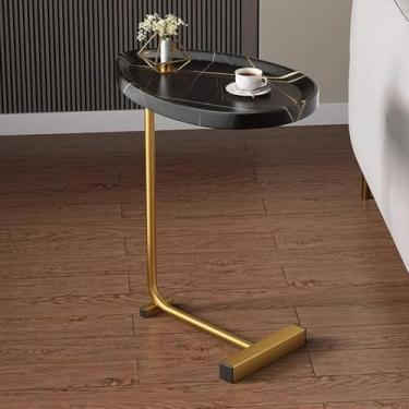 Imagem de Mesa Lateral Em Forma De C, Mesa Lateral Pequena, Mesa De Cabeceira De Sofá, Mesa De Cabeceira Com Suporte De Metal, Mesa De Cabeceira Em Forma De C Para Sof, Black Stone Pattern+gold Stand