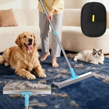 Imagem de AIERSA Ancinho multifuncional para remoção de pelos de animais de estimação, 2 em 1, raspador de carpete fosco de metal e TPU, vassoura de pelos de cachorro de 137 cm com luva de remoção eletrostática