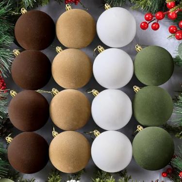 Imagem de OCTERIC 24 peças de enfeites de bola de Natal de veludo de 8,5 cm, bolas flocadas, decorações penduradas de Natal para árvore de Natal, suprimentos de festa em casa (marrom, cáqui, verde, branco creme