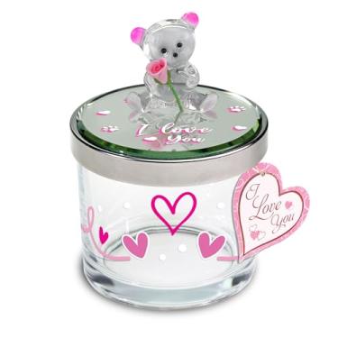 Imagem de Glass Baron Pote de bugiganga, ursinho de pelúcia "I Love You" – charmoso pote decorativo de doces e bugigangas com tampa, vidro colorido aerógrafo e rosa de porcelana, 9,5 cm de altura x 7,6 cm de