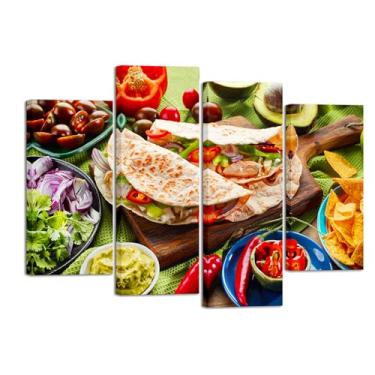 Imagem de iHAPPYWALL Arte de parede em tela de comida mexicana com 4 painéis para decoração de cozinha mexicana Platillo Tacos Impressão de imagem Restuarant Food Mix Pintura emoldurada