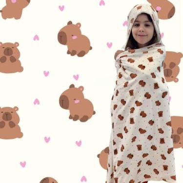 Imagem de Toalha de Banho Infantil com Capuz, Gigante 105 x 125 cm, 100% Algodão Felpuda, Estampa Capivara e Corações, Branca e Marrom