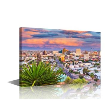 Imagem de Arte de parede em tela com tema do horizonte da cidade para sala de estar quarto decoração de parede El Paso paisagem imagem impressão 1 painel El Paso Skyline decoração de parede esticada e