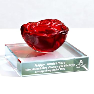 Imagem de FANF&YKPY Estatueta criativa de rosa de cristal de casamento, presente romântico para aniversário de esposa, dia dos namorados, para amante, casal, namorada e ela (feliz aniversário-vermelho)