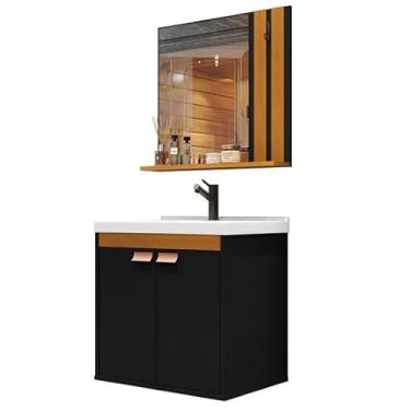 Imagem de Kit Armário Organizador Gabinete P/Banheiro Com Espelheira E Cuba2 Portas (Palas Preto Com Nature)