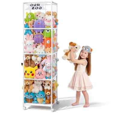 Imagem de OurWarm Organizador e armazenamento de animais de pelúcia, organizador de brinquedos de PVC elevado com faixa elástica e prateleira, suporte de zoológico de animais de pelúcia para armazenamento de