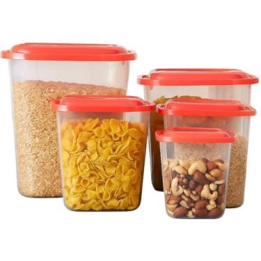 Imagem de Jogo 5 Potes Mantimentos Vasilha de Plástico Transparente com Tampa Vermelha Pote Armazenamento Alimentos Grãos Cereais