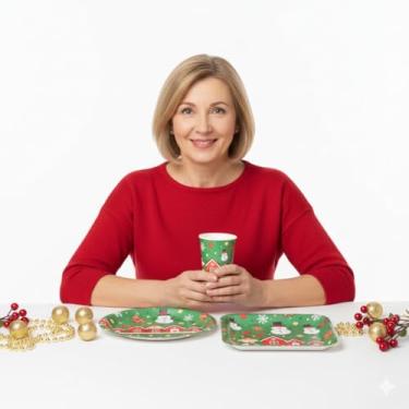 Imagem de Kit Natalino 3 Peças para Ceia, Conjunto com Copo, Prato e Bandeja, Tema Natalina
