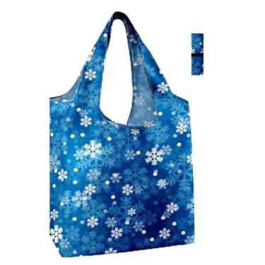 Imagem de Sacola de compras reutilizável de Natal azul gelo reutilizável com faixa elástica dobrável - lavável na máquina sacolas de presente de Natal