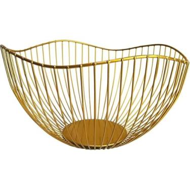 Imagem de Cesto Organizador de Frutas, Fruteira de Mesa Decorativa Redonda Metalizada em Aço Inoxidável Dourado.