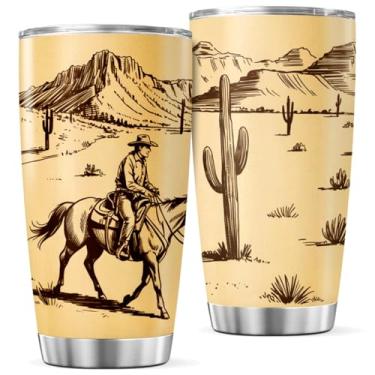 Imagem de CUBICER Copo vintage de aço inoxidável de 600 ml com design de paisagem de caubói e deserto para amantes ocidentais, garrafa de fazendeiros, refrigerante, quente, viagem, bebida, chá, café ao ar livre