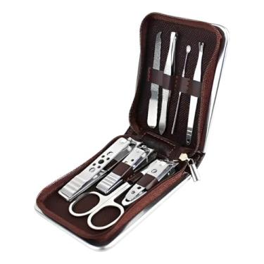 Imagem de Kit Manicure 8 Peças, Estojo em Couro Marrom, Alicates e Tesoura em Aço Inox, Kit Higiene Pessoal com Cortador de Unhas, Pinça e Lixa, 20x8cm