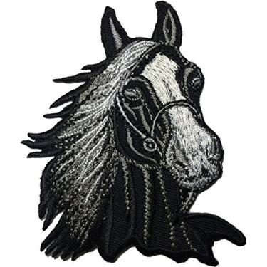 Imagem de Papapatch Cabeça de cavalo equitação corrida fazenda crianças bebê jaqueta jaqueta bolsa costura ferro em aplique bordado emblema patch fantasia - preto (Iron-Horse-Head-BK)