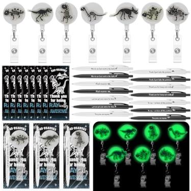 Imagem de Marspark 14 conjuntos de presentes Rad Tech Week Carretel de crachá de dinossauro com clipe jacaré que brilha no escuro, inclui caneta de dinossauro, cartões de agradecimento e bolsas, presentes de