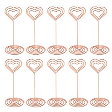 Imagem de Suportes para números de mesa Porta-cartões em camadas em formato de coração Design elegante Base de metal resistente para festa de casamento Decoração de escritório Material de (Ouro Rosa)