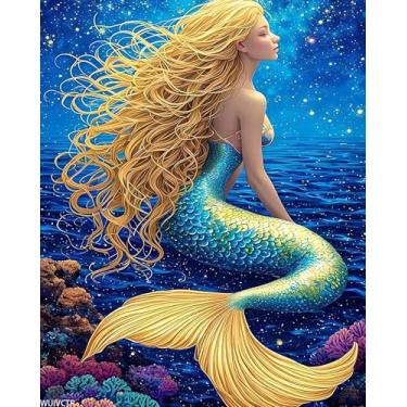 Imagem de Pintura por números para adultos, estrela sereia, tinta acrílica por números para adultos iniciantes, kit de pintura por números em tela, kits de pintura para adultos DIY por números pincéis e pintura