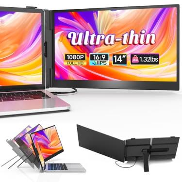 Imagem de Extensor de tela de laptop de 14 polegadas ultrafino, leve e portátil, com alto-falante, tela de viagem FHD 1080P, Plug & Play, HDMI/USB-A/Tipo-C para laptops, funciona com Win/Mac/Android