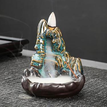 Imagem de Queimador de incenso de refluxo de cerâmica, decoração criativa para casa, queimador de incenso de refluxo em forma de peixe artesanal, aproveite o aroma de sândalo (B-5 água corrente - azul)