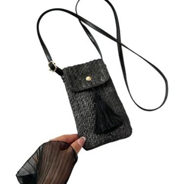 Imagem de Mini bolsa de praia de palha para mulheres bolsa de palha de tecido de verão linda bolsa tiracolo para telefone para mulheres, Preto, Simplicidade