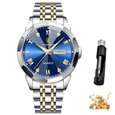 Imagem de Relógio masculino com mostrador e bracelete em aço inoxidável dourado-azul, funções de calendário e cronógrafo, ponteiros e marcadores luminosos, relógio de pulso com movimento de quartzo para rapazes, dourado-azul, modelo 810