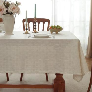 Imagem de Toalha de mesa de linho natural, toalha de mesa retangular estilo fazenda, tecido jacquard texturizado, capa de mesa lavável para mesa de jantar, cozinha de fazenda (trama de grade áspera, 304,8 cm x