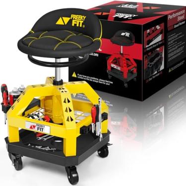 Imagem de FreekyFit Banco Rolling Shop para garagem com rodízios, DO02-Altura ajustável 360° Assento giratório de loja com armazenamento de bandeja de ferramentas, banco mecânico acolchoado com capacidade de