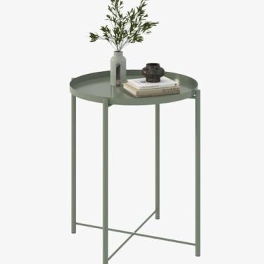 Imagem de Mesa lateral pequena redonda, mesa de metal com bandeja removível, mesa lateral de sofá estilo moderno, mesa de destaque para sala de estar, quarto, varanda, escritório (verde) (verde)