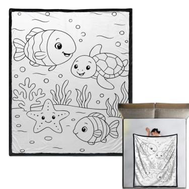 Imagem de Cobertores de colorir para adultos, colcha com tema de animais marinhos DIY - 150 x 127 cm, lavável e confortável, para adultos, mulheres, adolescentes, cama, viagem, outono, casa, inverno, avião