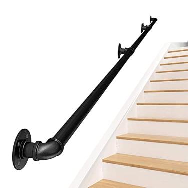 Imagem de Corrimão de escada, tubo de ferro, corrimão, escada, degraus, trilho de mão para escadas internas, capacidade de carga de 199 kg, suporte de montagem na parede, aço galvanizado, estilo industrial